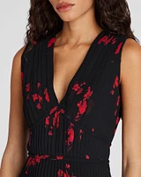 Pleated Floral Print Crepe Midi Dress