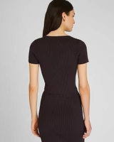 Textured Ribbed Fitted Short Sleeve Sweater