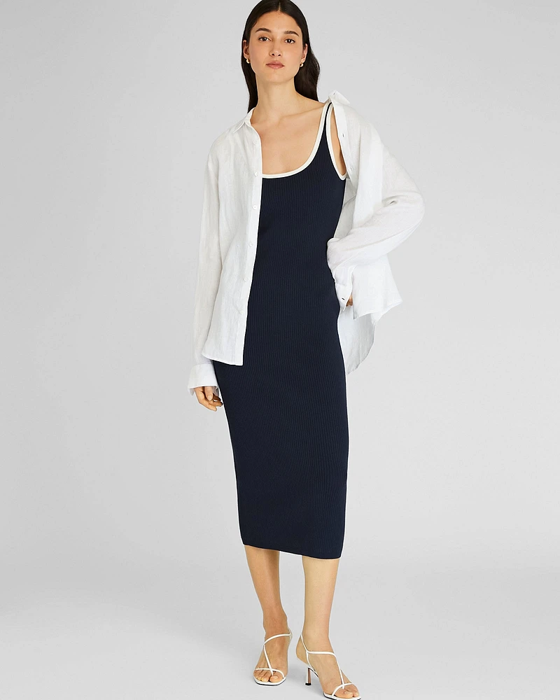 Textured Ribbed Tank Dress With Contrast Trim