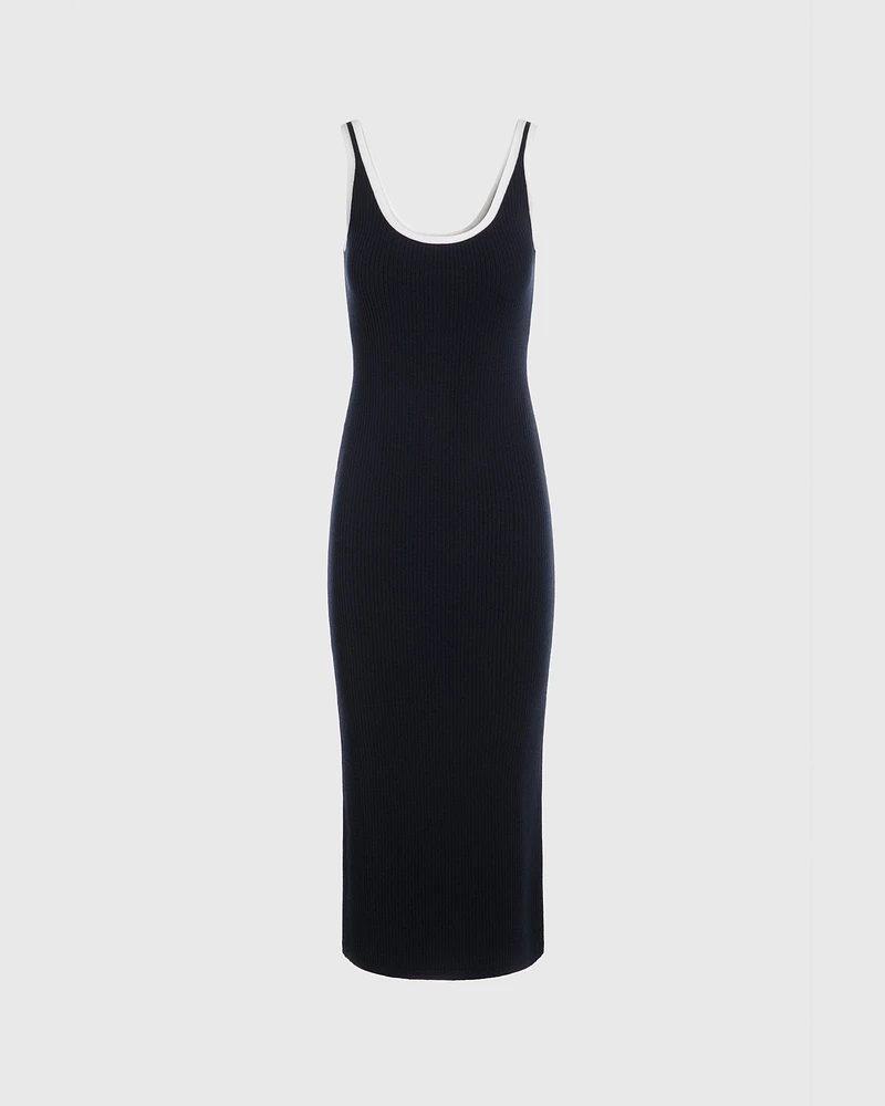 Textured Ribbed Tank Dress With Contrast Trim