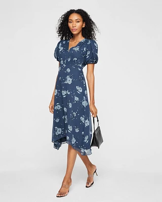 Silk V-Neck Puff Sleeve Dress