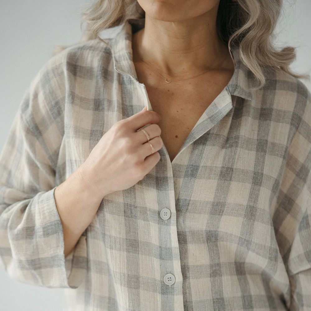 Plaid Shirt Blouse with Buttons