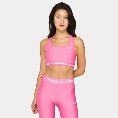 Under Armour Women's HeatGear Logo Band Sports Bra Pink Edge / White