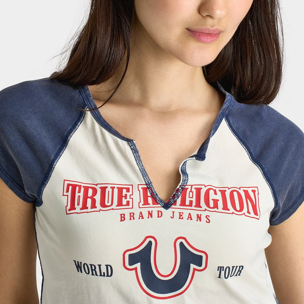 True Religion Women's Raglan Slim Tee White / Navy