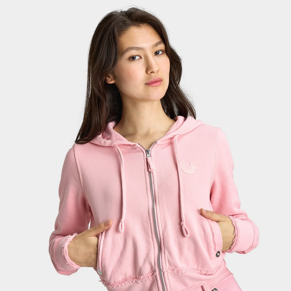 True Religion Women's Raw Edge Big T Shrunken Hoodie / Candy Pink