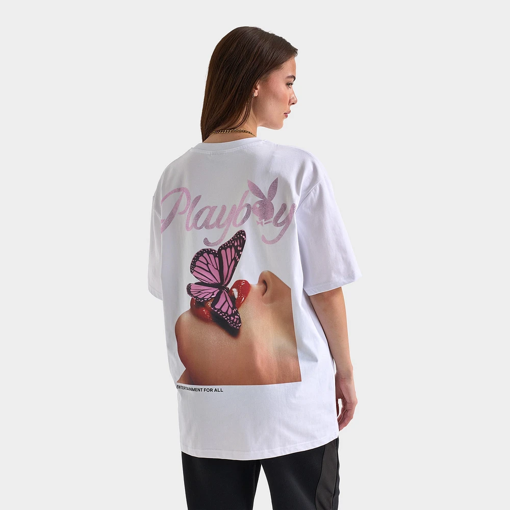 Playboy Women's Diamonte Oversized Graphic Tee / White