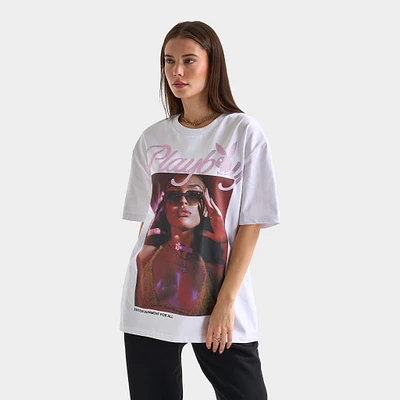Playboy Women's Diamonte Izabela Oversized Graphic T-Shirt / White