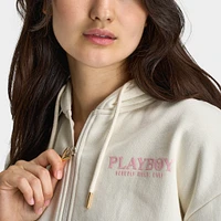 Playboy Casa Full Zip Cropped Hoodie Off White / Pinkesque