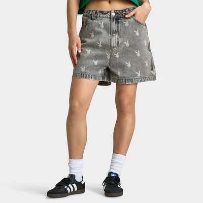 Playboy Bunny Logo Washed Denim Shorts / Light Grey