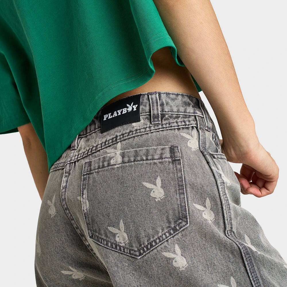 Playboy Bunny Logo Washed Denim Shorts / Light Grey