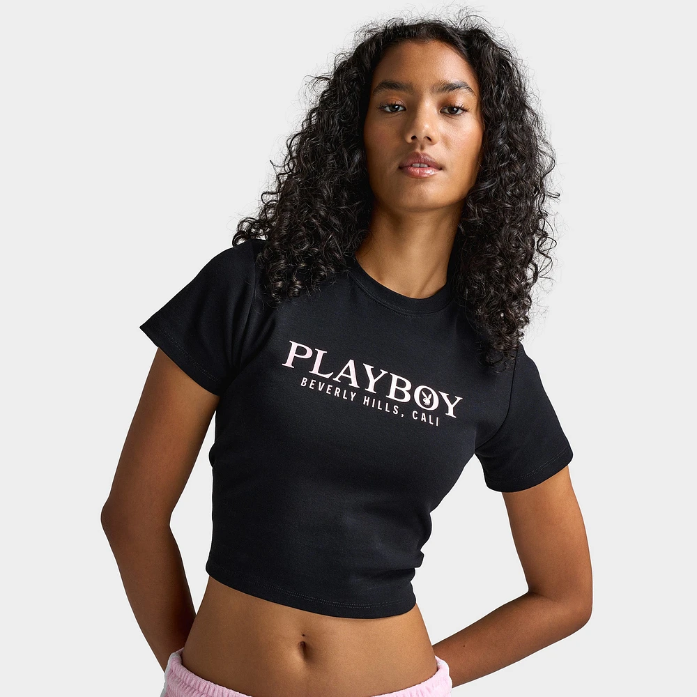 Playboy Casa Tie Back Baby Tee Black / Pinkesque
