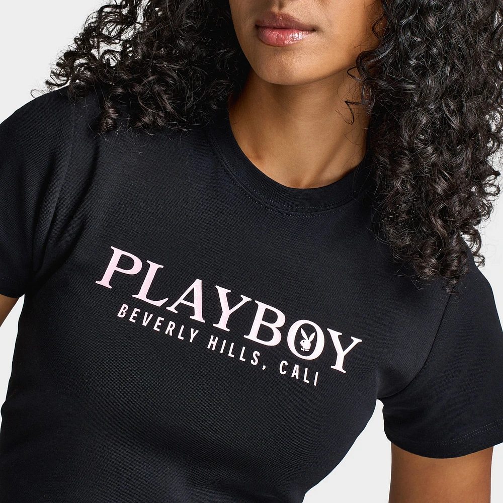 Playboy Casa Tie Back Baby Tee Black / Pinkesque