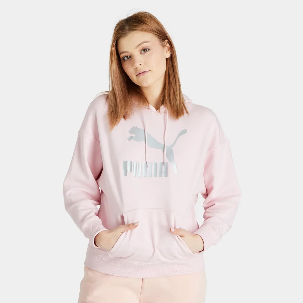 Puma Women’s Classics Metallic Logo Pullover Hoodie Chalk Pink / Silver