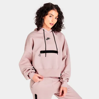Nike Women’s Sportswear Tech Fleece Over-Oversized Cropped Pullover Hoodie Pink Oxford / Black