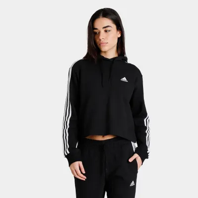 adidas Originals Women's 3 Stripe French Terry Cropped Pullover Hoodie Black / White