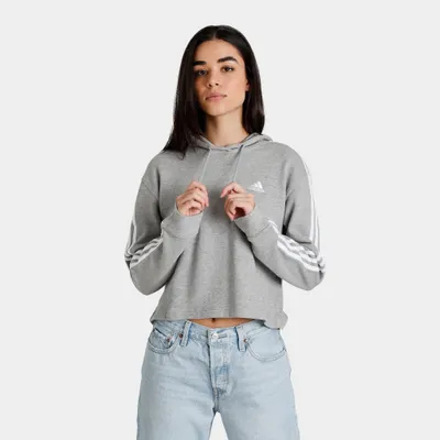 adidas Women’s Essentials 3-Stripes French Terry Crop Pullover Hoodie Medium Grey Heather / White