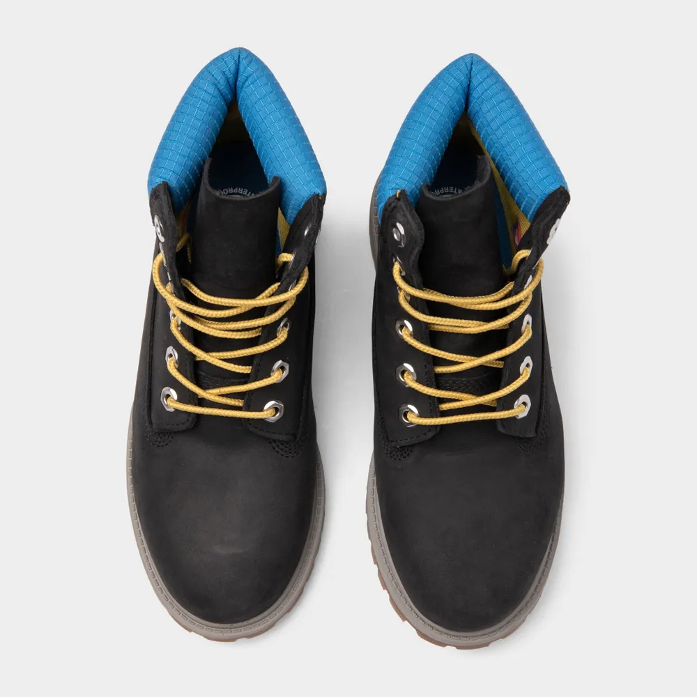 Timberland Juniors’ 6-Inch Premium Waterproof Boot / Black Nubuck With Blue