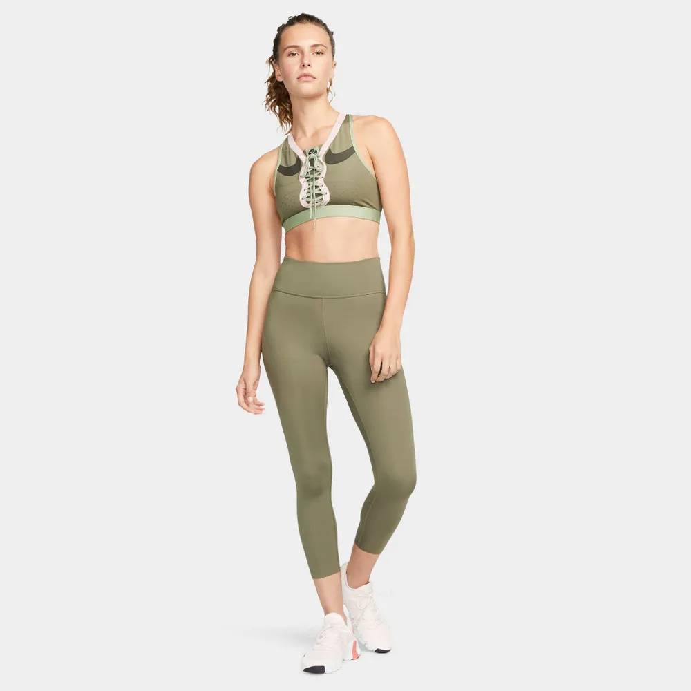 Nike Women's Dri-FIT Swoosh Air Force 1 Medium-Support Laced Sports Bra  Medium Olive / Sequoia - Pink Glaze