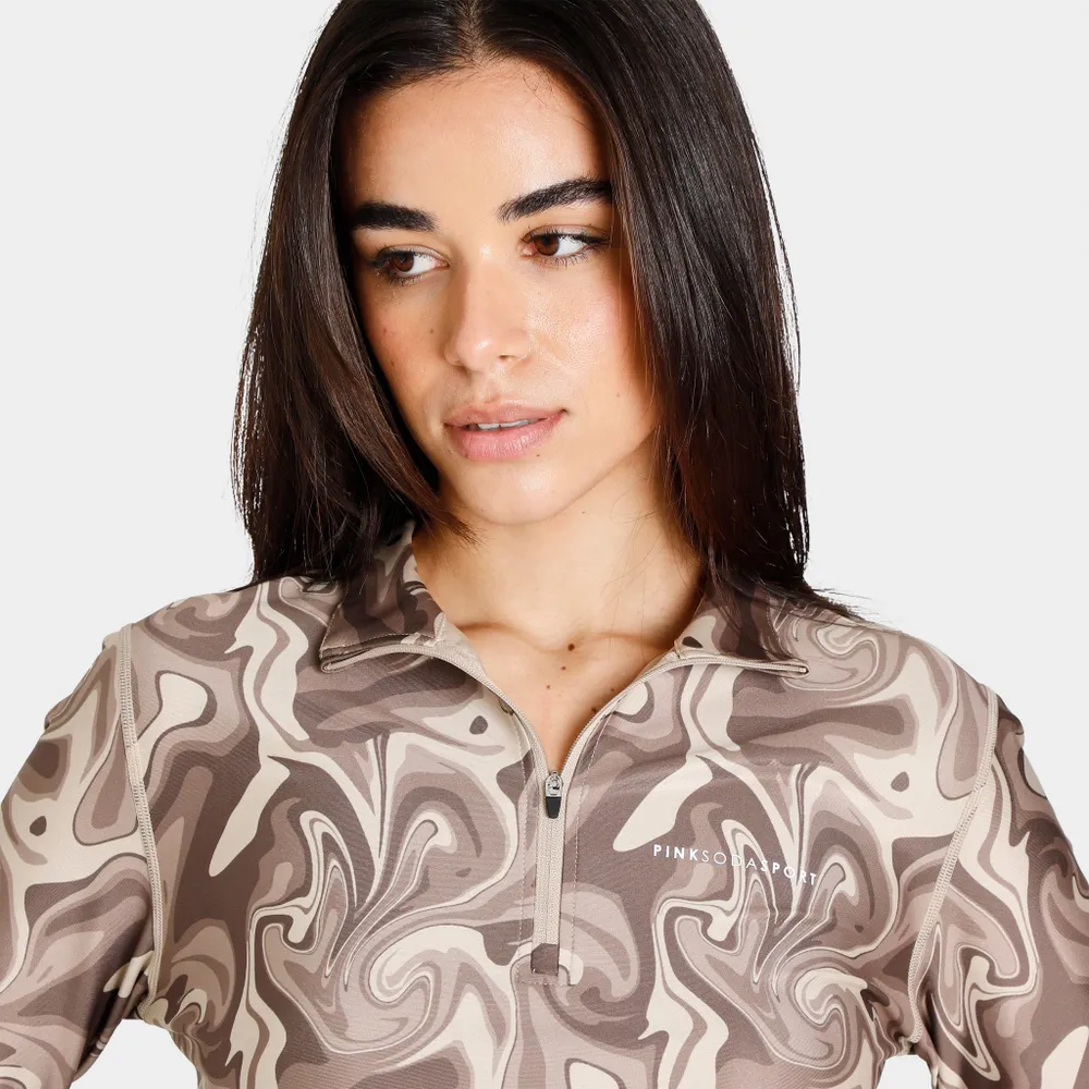 Pink Soda Sport Women’s Swirl Quarter Zip Fitness Shirt Fossil / Light Taupe - Sandshell