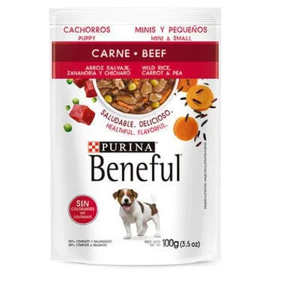 BENEFUL - Alimento Húmedo Cachorros Minis y Pequeños Carne, Zanahoria, Chícharo y Arroz Salvaje 100g