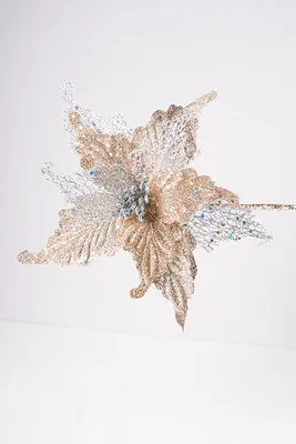 14" Poinsettia Glitter Net Champagne/Silver