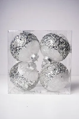 3" BALL W/FEATHER SILVER SEQUINS x 4PCS