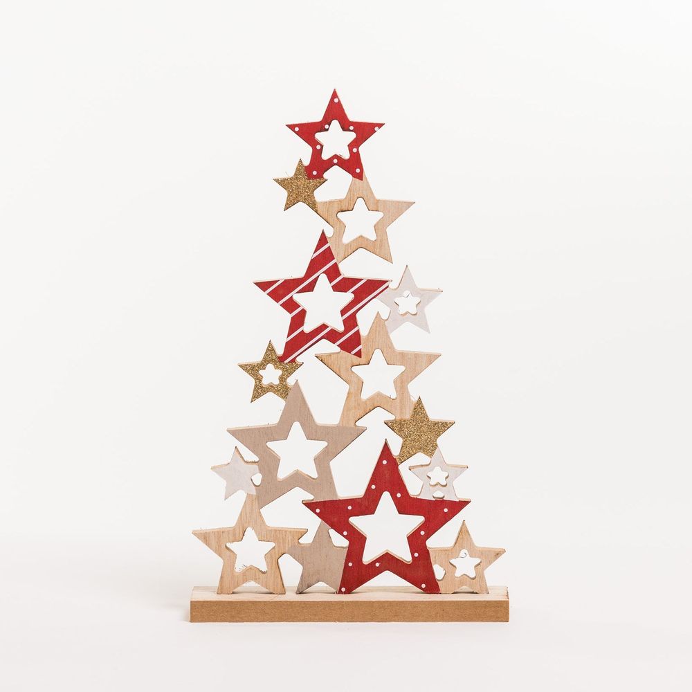 12" Red/White/Natural Wooden Star Tree - Noël Collection