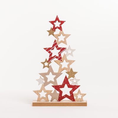 12" Red/White/Natural Wooden Star Tree - Noël Collection