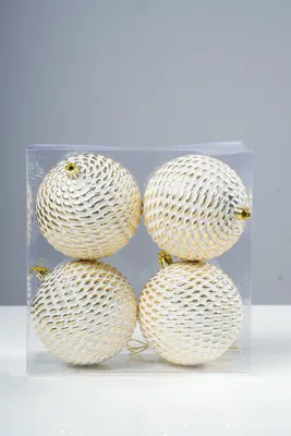 4" Round Pine Cone White/Gold Brush Set of 4