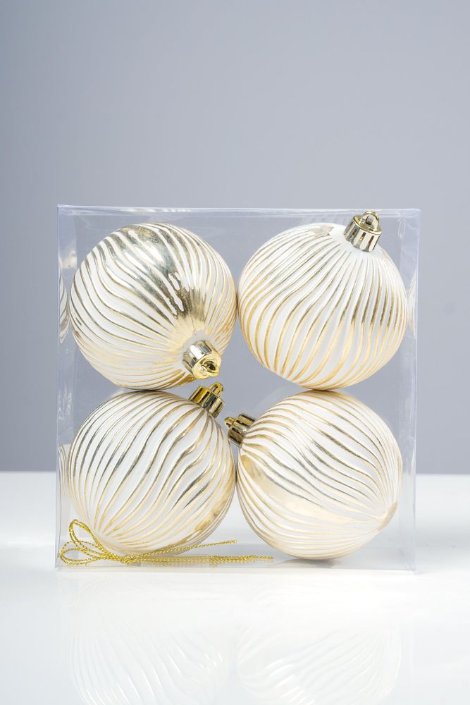 3"  White Ball w/Gold Brush Designs Set of 4