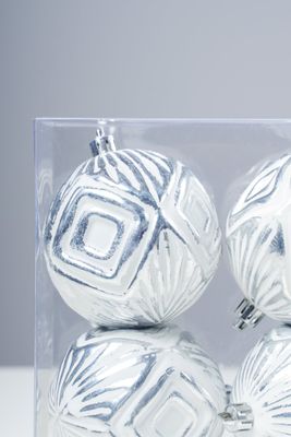 3"  White Ball w/Silver Brush Designs Set of 4