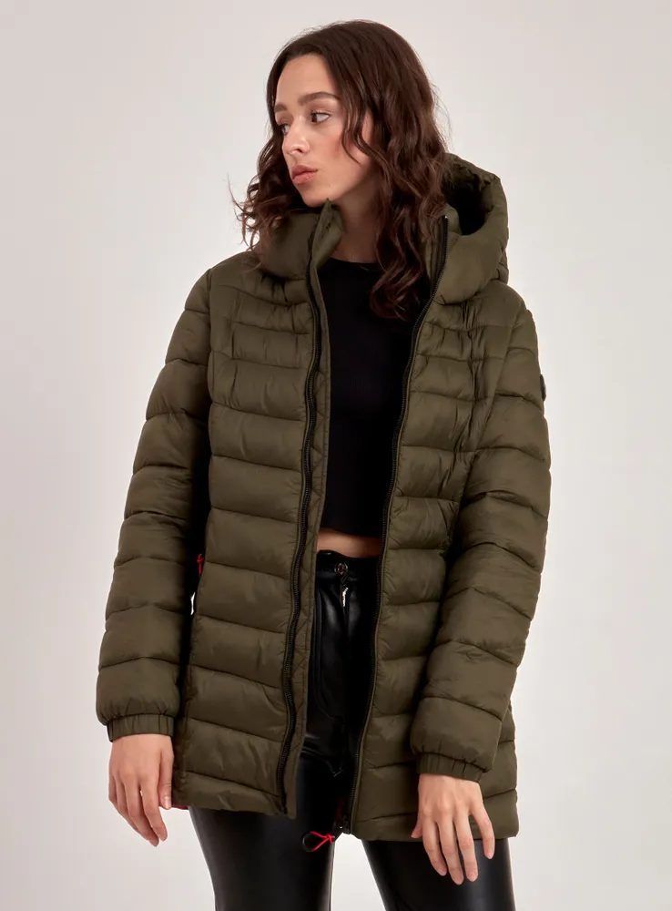 LONG HOODED PUFFER JACKET CONTRAST LINING-ARMY