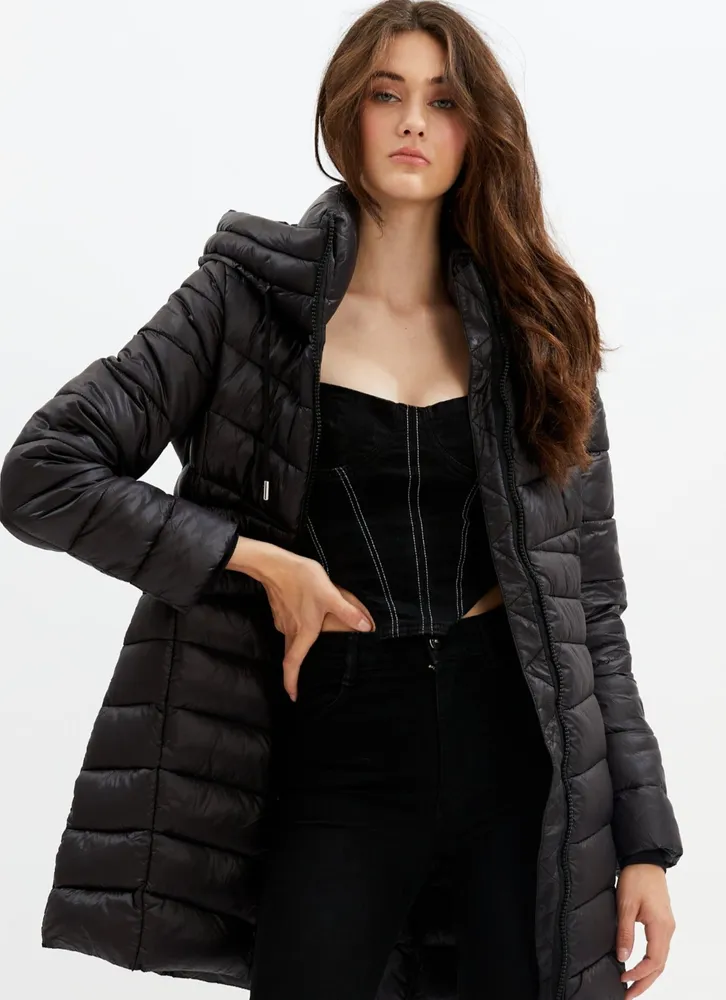 FELICITY | Long mid weight zip front hooded puffer