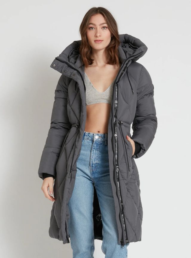 BEBIANA | Zip front hooded maxi length diamond quilted puffer jacket