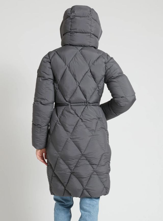 BEBIANA | Zip front hooded maxi length diamond quilted puffer jacket