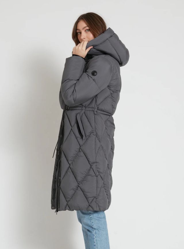 BEBIANA | Zip front hooded maxi length diamond quilted puffer jacket