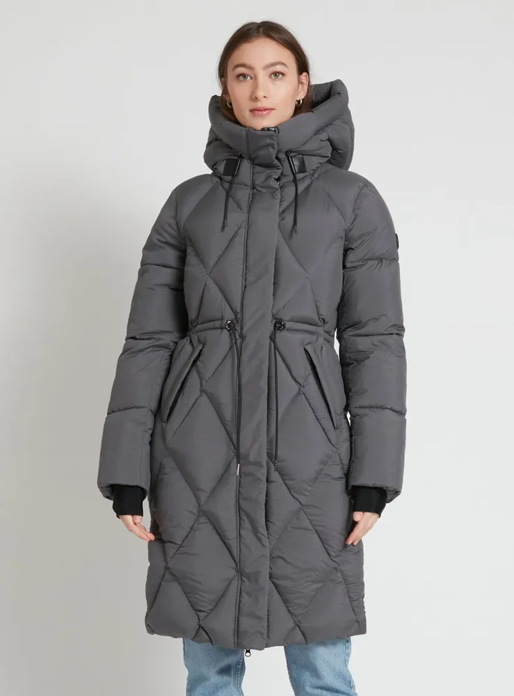 BEBIANA | Zip front hooded maxi length diamond quilted puffer jacket