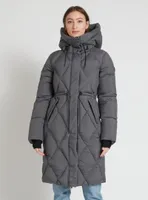 BEBIANA | Zip front hooded maxi length diamond quilted puffer jacket