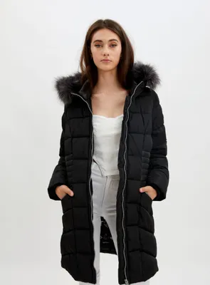 IMOGENNA | Zip front hooded quilted jacket with removable faux fur tri