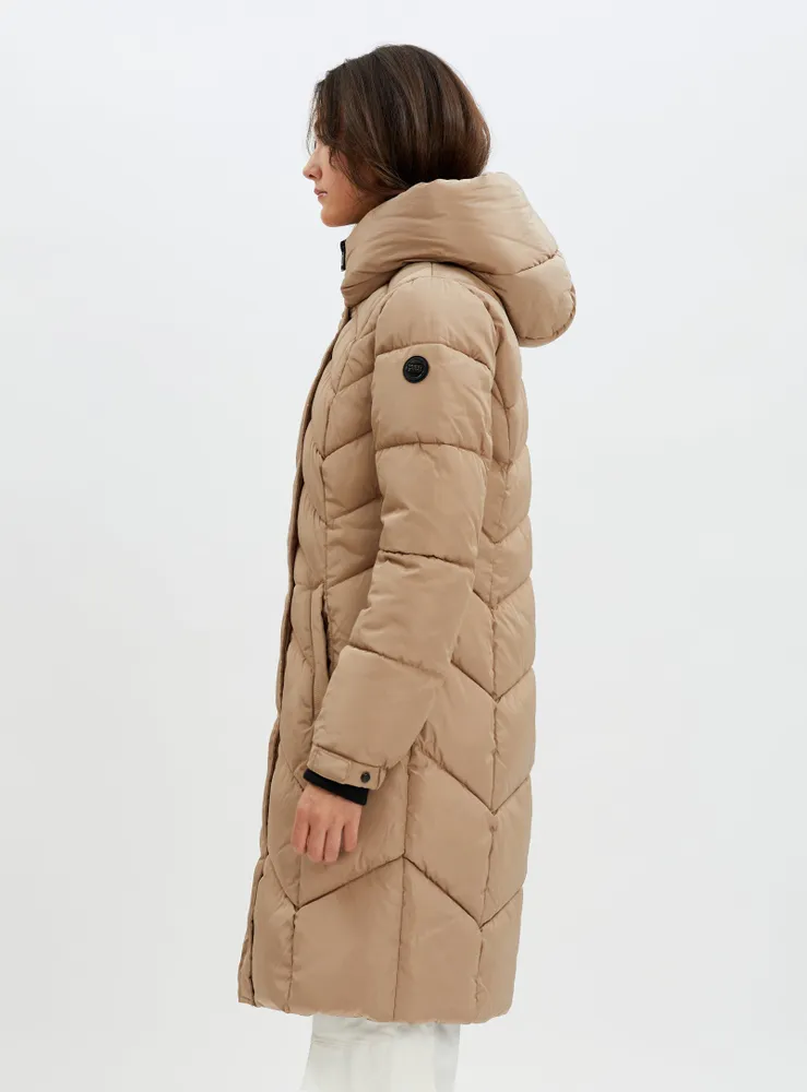 FLORENTINA |Long zip front hooded chevron quilted puffer jacket