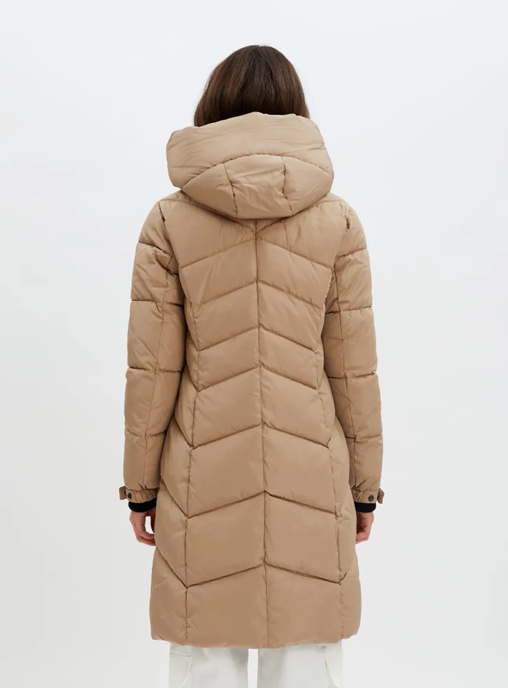 FLORENTINA |Long zip front hooded chevron quilted puffer jacket