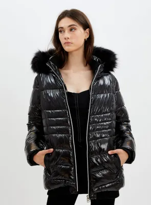 ANAIS | Zip front hooded liquid shine bomber with removable faux fur t