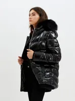 ANAIS | Zip front hooded liquid shine bomber with removable faux fur t