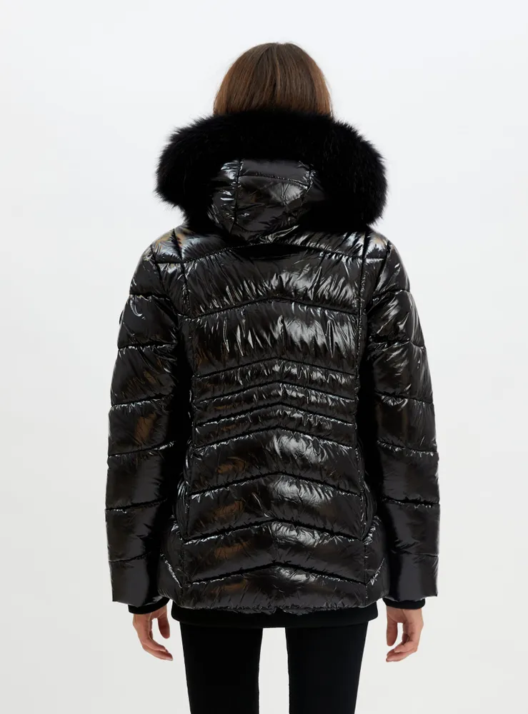 ANAIS | Zip front hooded liquid shine bomber with removable faux fur t