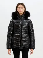 ANAIS | Zip front hooded liquid shine bomber with removable faux fur t