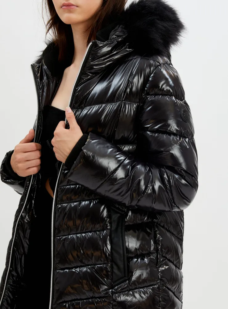 ANAIS | Zip front hooded liquid shine bomber with removable faux fur t