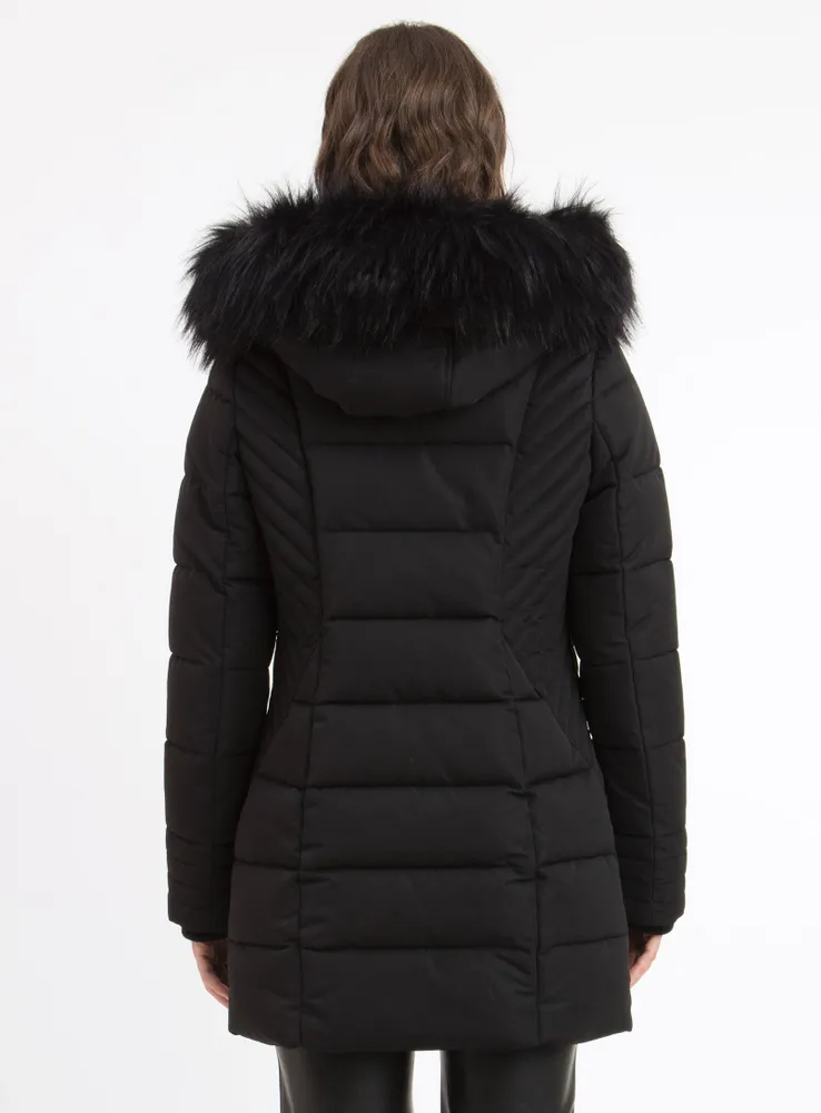 WINTER JACKET FAUX-FUR HOODED TRIM-BLACK