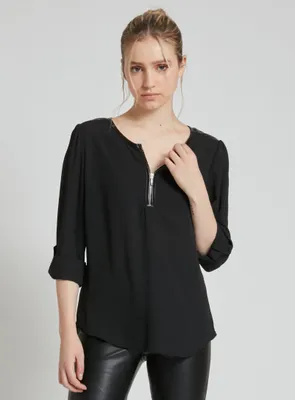 GISELE | Long sleeve blouse with zipper at neckline opening and P.U. a