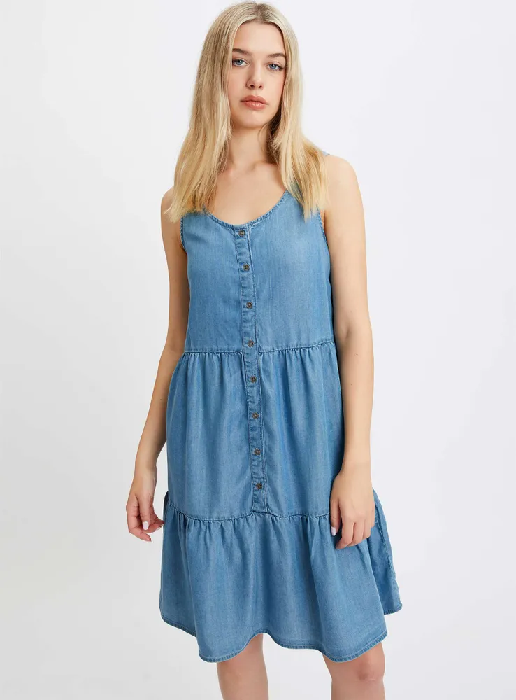 MARYANNA | Denim blue sleeveless dress with button-up centre front