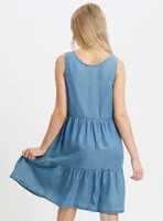 MARYANNA | Denim blue sleeveless dress with button-up centre front